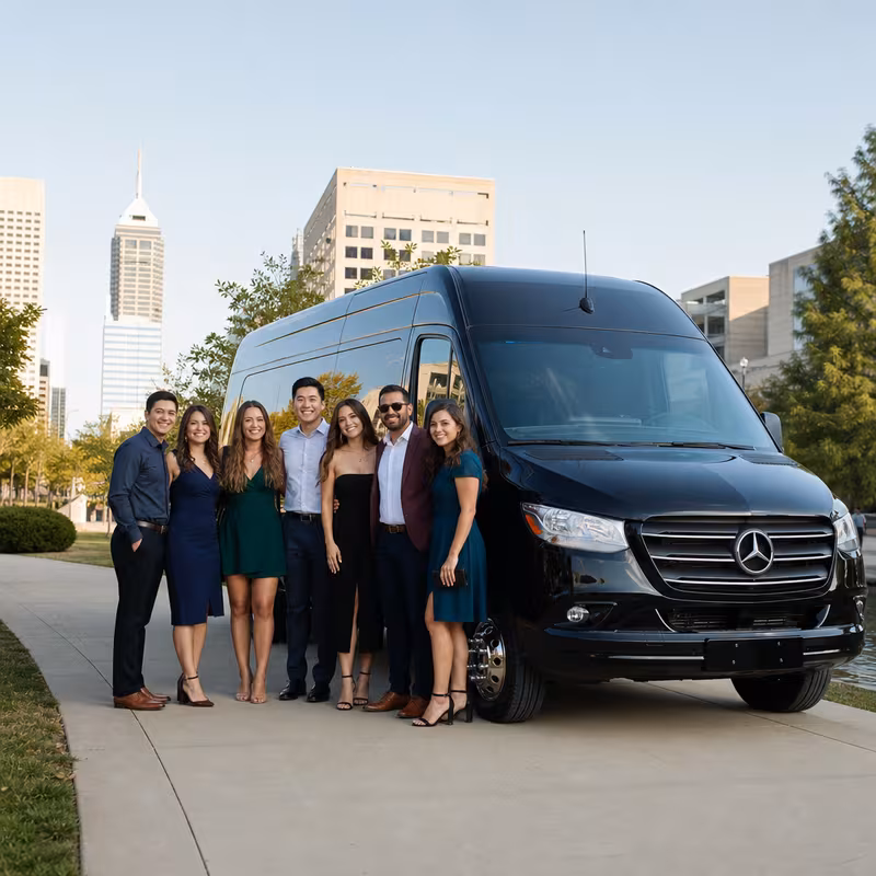 Group beside a Mercedes Sprinter limo from the Indianapolis fleet