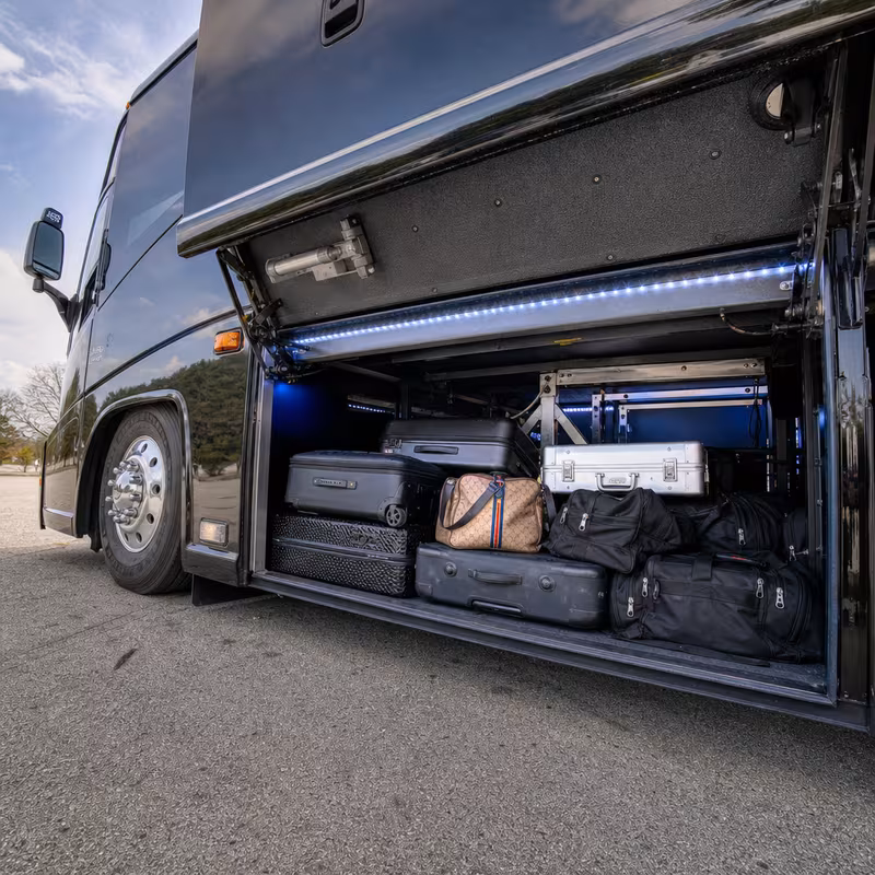 Party bus interior with wraparound leather seating and LED lighting in Indianapolis