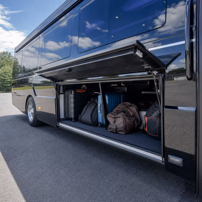Party bus interior with wraparound leather seating and LED lighting in Indianapolis