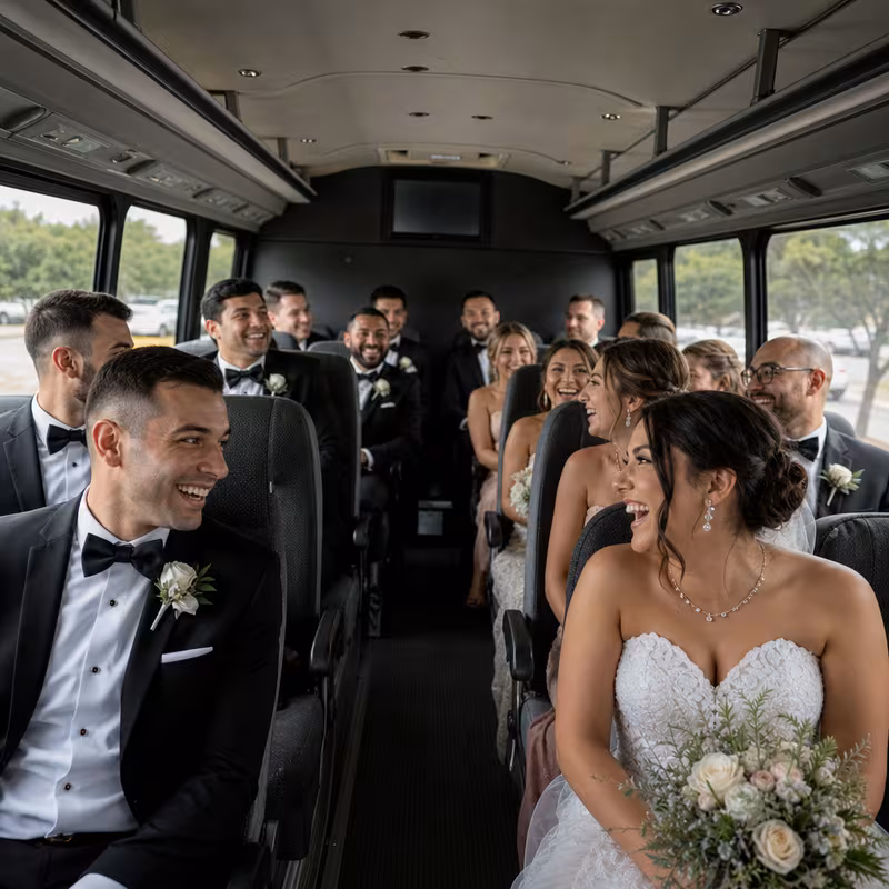 Group boarding a white charter bus for Wedding Transportation transportation in Indianapolis