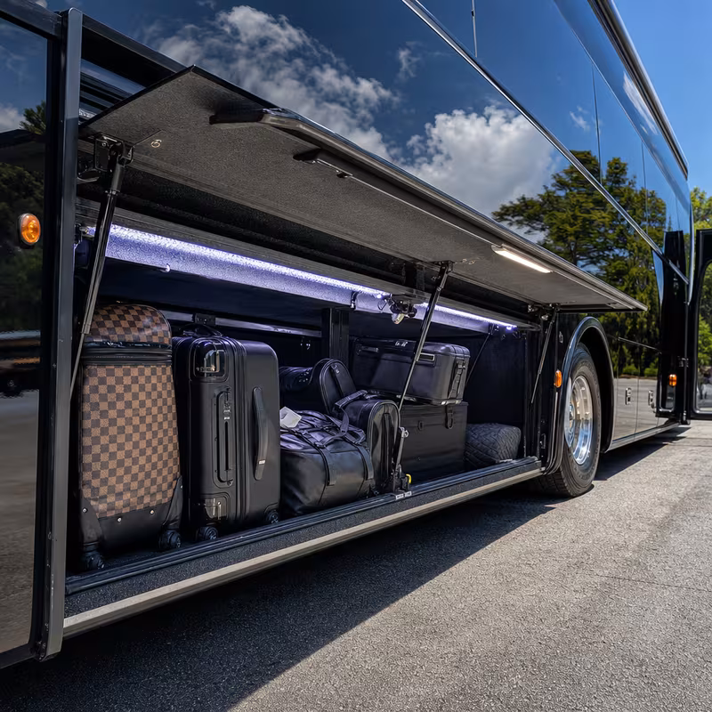 Party bus interior with wraparound leather seating and LED lighting in Indianapolis