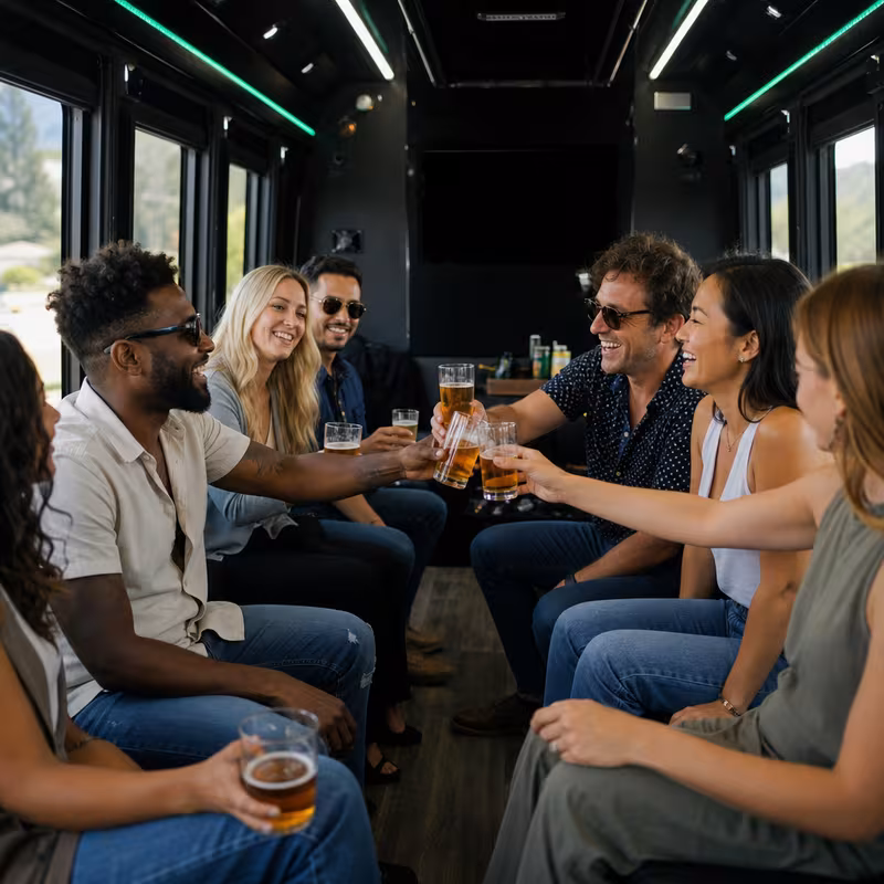 Group boarding a white charter bus for Winery & Brewery Tour Transportation transportation in Indianapolis